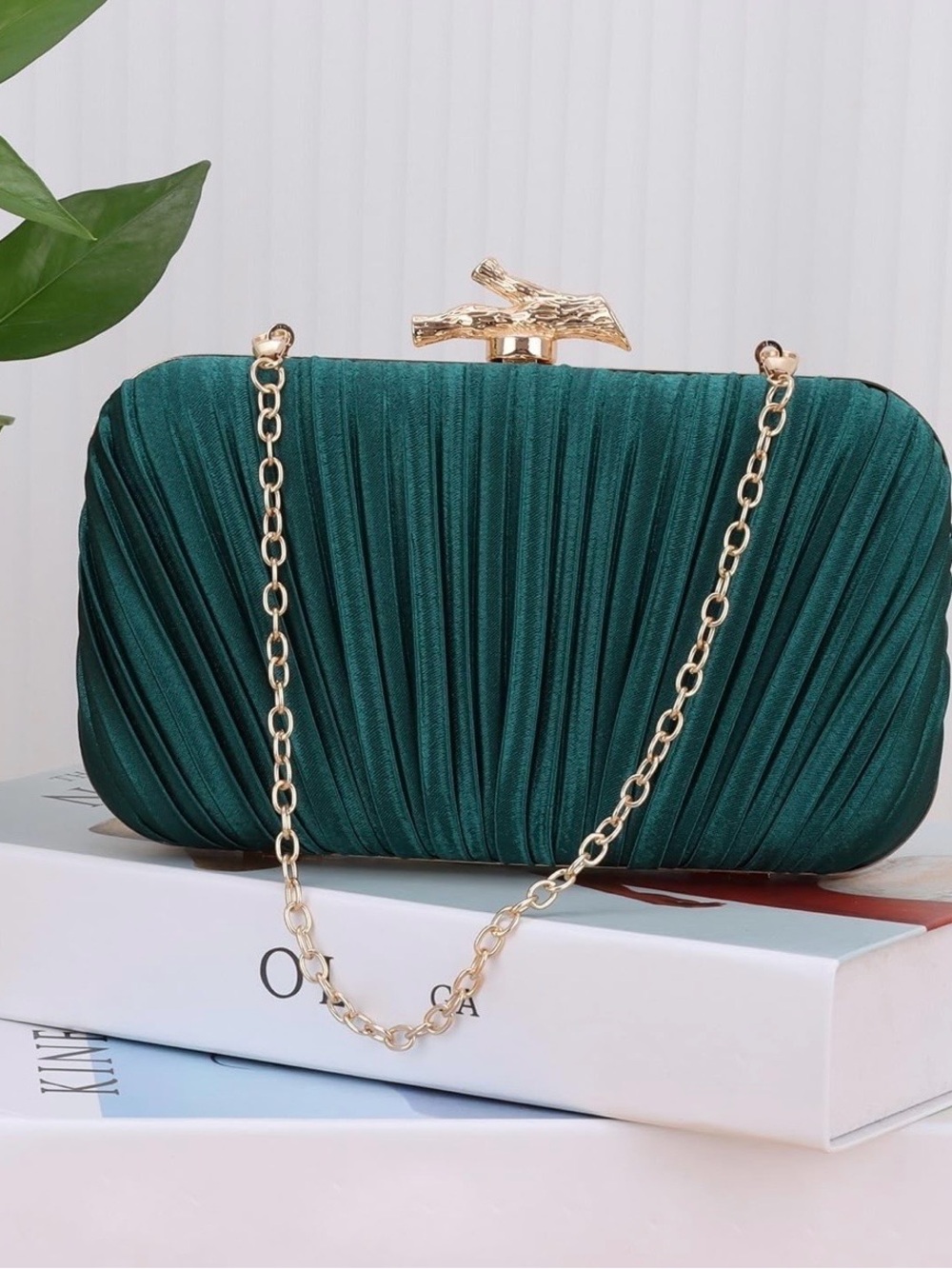 Amazon Deep Green Satin Pleated Clutch with Gold Chain